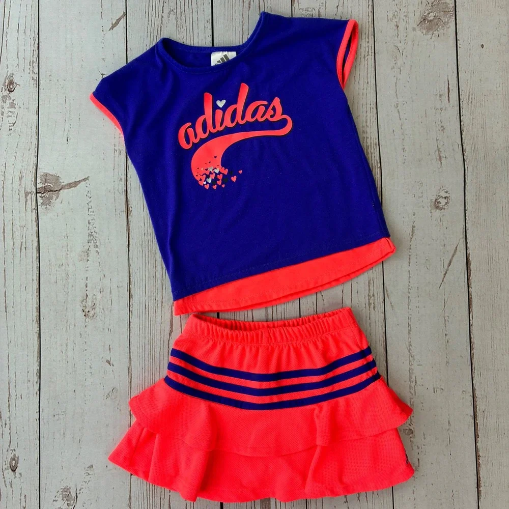Adidas Girls 2 Piece Skort Set Blue Orange Heart Graphic Activewear Size 4T